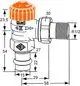 Thermostat-Ventilunterteil von IMI Hydronic Engineering, Eckform mit Anschluss für Pressfitting, deutlich sichtbare Maße und Anschlussdetails im Diagramm.